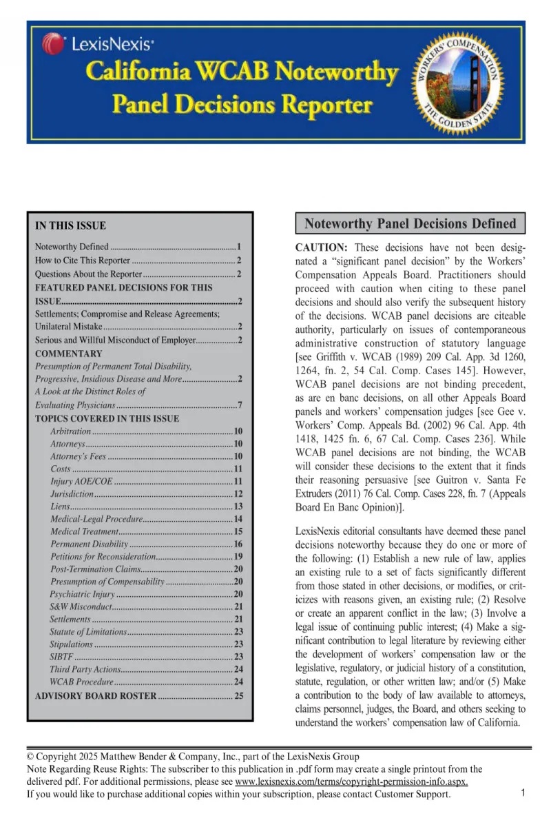 California WCAB Noteworthy Panel Decisions Reporter Book Cover