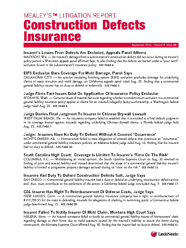 Mealey's Litigation Report: Construction Defects Insurance