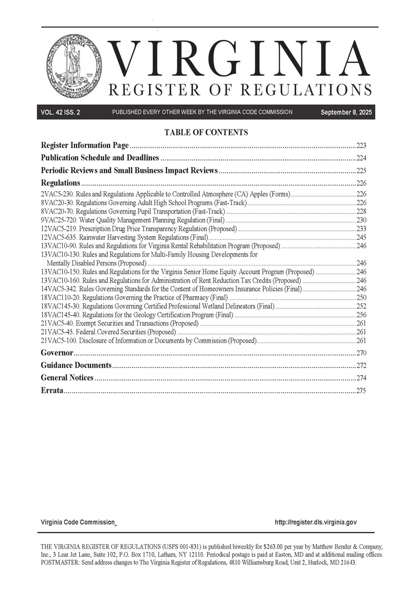 Virginia Register of Regulations book cover