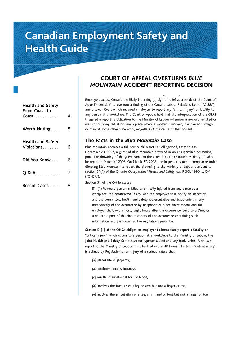 Canadian Employment Safety and Health Guide – Newsletter