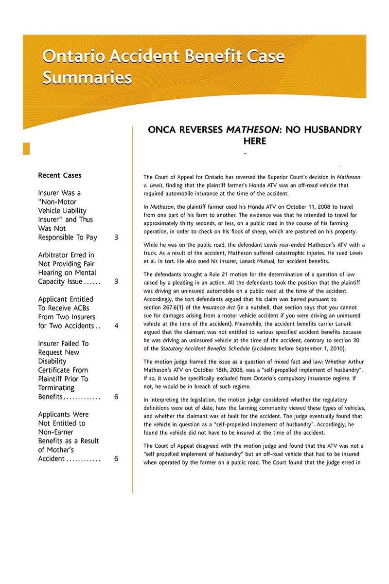 Ontario Accident Benefit Case Summaries – Newsletter